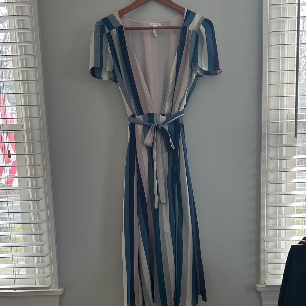 Leith Striped Wrap Midi Dress in Blue, Cream, Teal & Pink